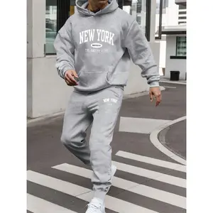 NewYorkLetterPrintThickenedFleeceHoodedSweatshirtSet-LongSleeveCasualComfortableTwo-PieceHoodieandSweatpantswithPocketsforSpringandAutumn