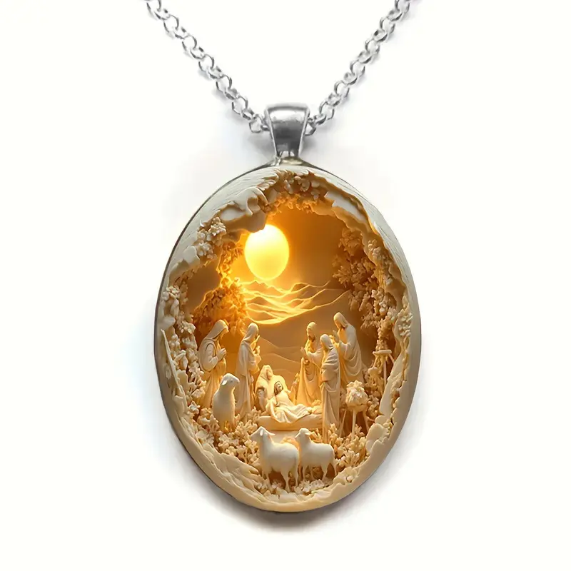 Nativity Scene Cameo Necklacce for Women Religious Cameo Pendant Necklace Chunky Jesus Memorial Necklace Adjustable Nativity Crystal Necklace Costume Holidays Jewelry Accessories