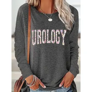 Floral Urology, Urology Nurse, Urology Doctor Gift Print Spring Summer Autumn Women's Fashionable Simple Casual Round Neck Long Sleeve T-Shirt, Casual Vacation, Street Style, Comfortable Design 49-A02-70417