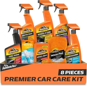 Armor All Premium Car Care Kit, Includes Extreme Tire Shine, Protectant, Multi-Purpose Cleaner, Car Wax & Wash Kit, Glass Cleaner, Car Air Freshener, Tire & Wheel Cleaner and Wash Pad, 8 Count