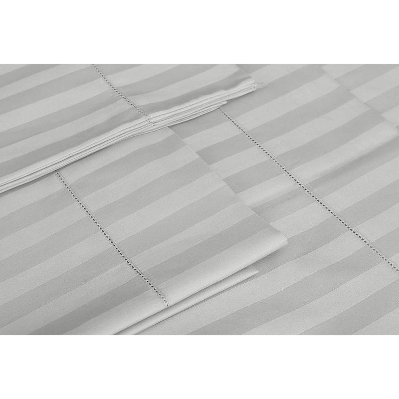 500 Thread Count King Size Damask Stripe, 4 Pc Luxury Bed Sheet Set, Soft Light Grey Sheets with 16" Elasticized Deep Pocket, 2 Pillowcases & Free Tote Bag