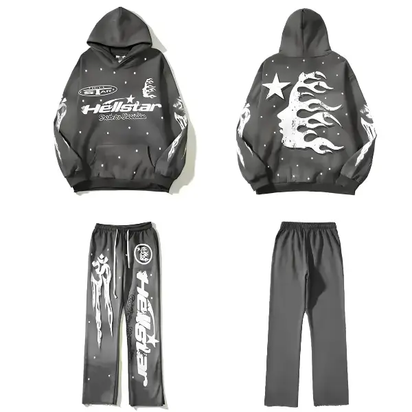 Hellstar Men's 2-Piece Tracksuit Set - Oversized Solid Hooded Pullover Sweatshirt & Jacket, Casual Street Style Graphic Sports Suit for Daily Wear (Unisex Fit Available)