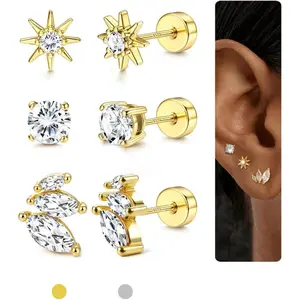 Women's 3-Pair Chunky Studs Earrings Set - Golden, Silvery Statement Earrings Jewelry with Metal Coating, Copper Flat Backs, Hypoallergenic Posts for Tragus, Cartilage Piercings