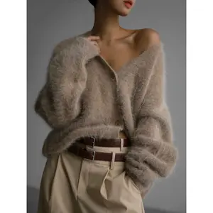 2025 Cross-Border Hot Sale Spring and Autumn Imitation Mink Cardigan Women's Lazy Style Loose Sweater Coat Soft Long Sleeve Knitted Shirt