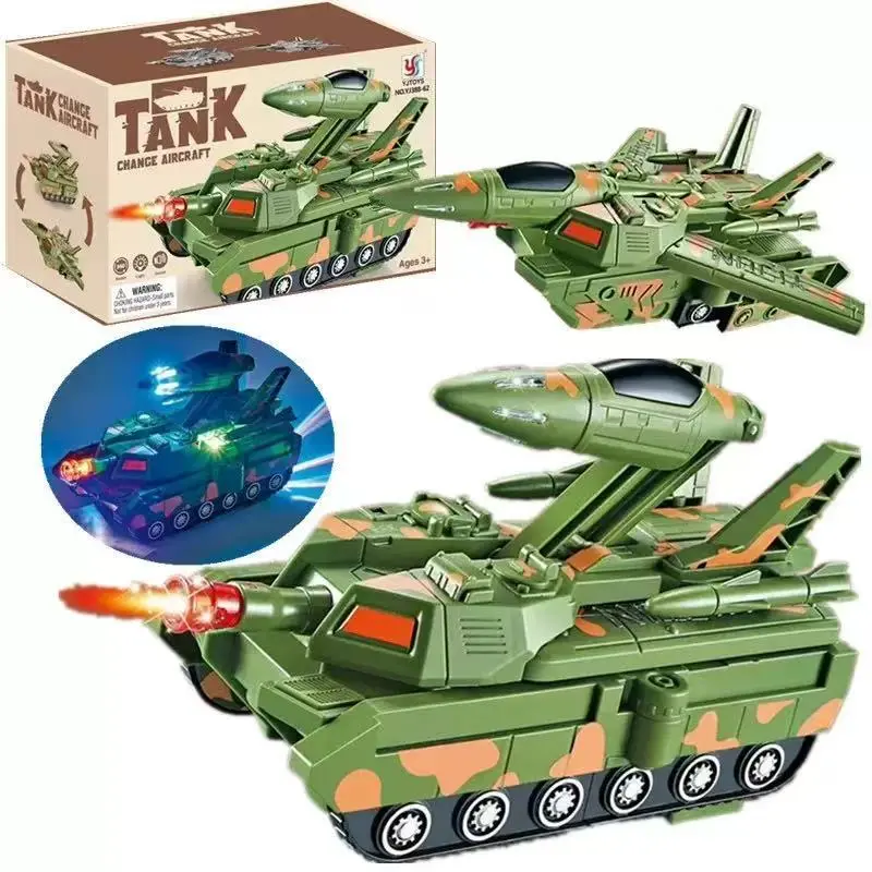 Electric omnidirectional transforming tank with lights and music, tank transforms into airplane, sound and light tank vehicle model, cool toy car
