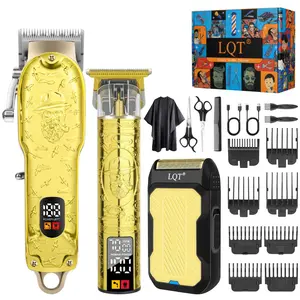 LQT 3-Piece Professional Cordless Men's Grooming Kit - 2000mAh Rechargeable Hair Clipper, Detail Trimmer & Shaver Set with LED Digital Display, USB Charging, Premium Gold Design for Home Haircuts & Beard Grooming