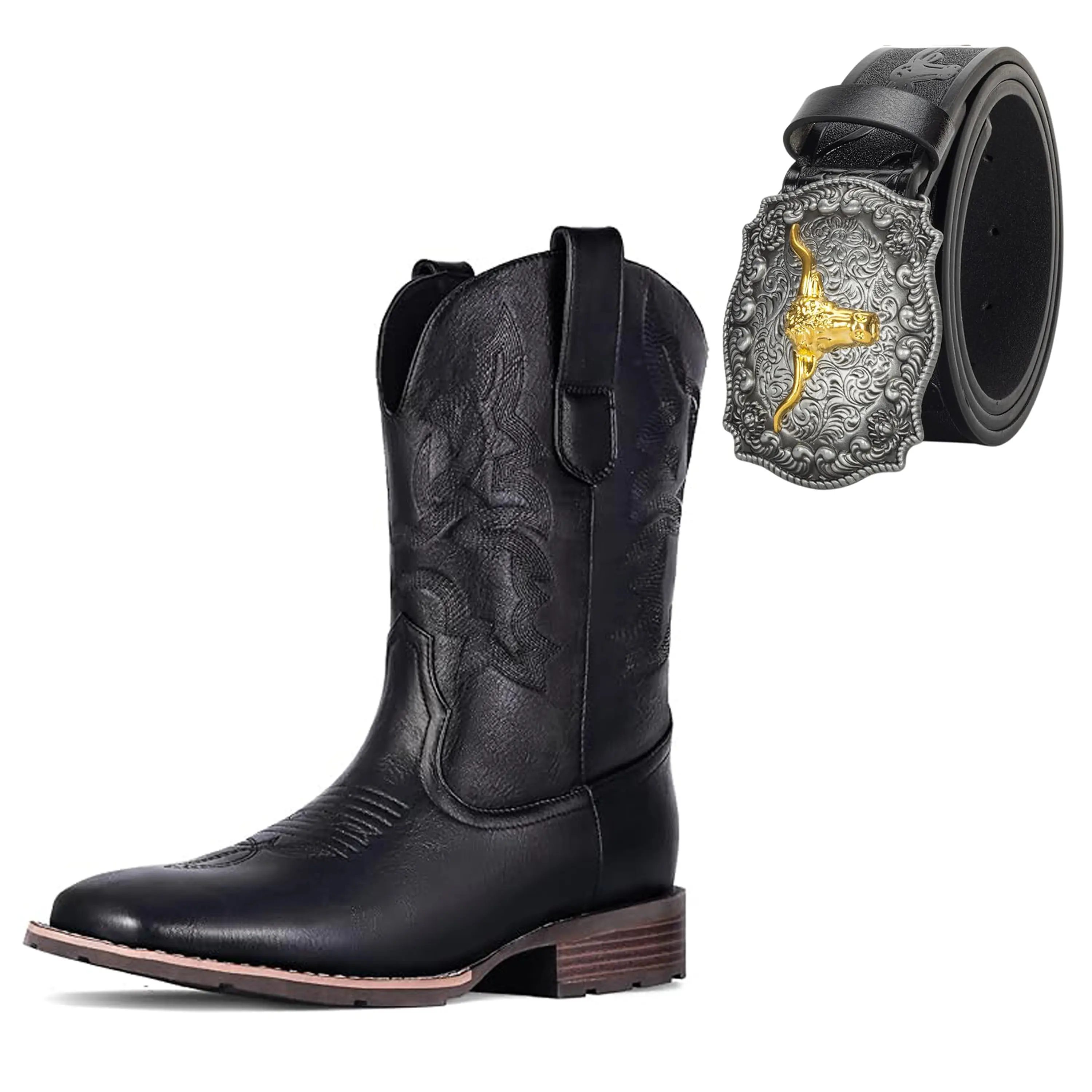 Sukh Dil Western Men's Boots - Men's Embroidered Western Boots Set with Belt, Anti-Slip Square Toe Th Heel, Durable and Fashionable Retro Classic Spring and Autumn Footwear