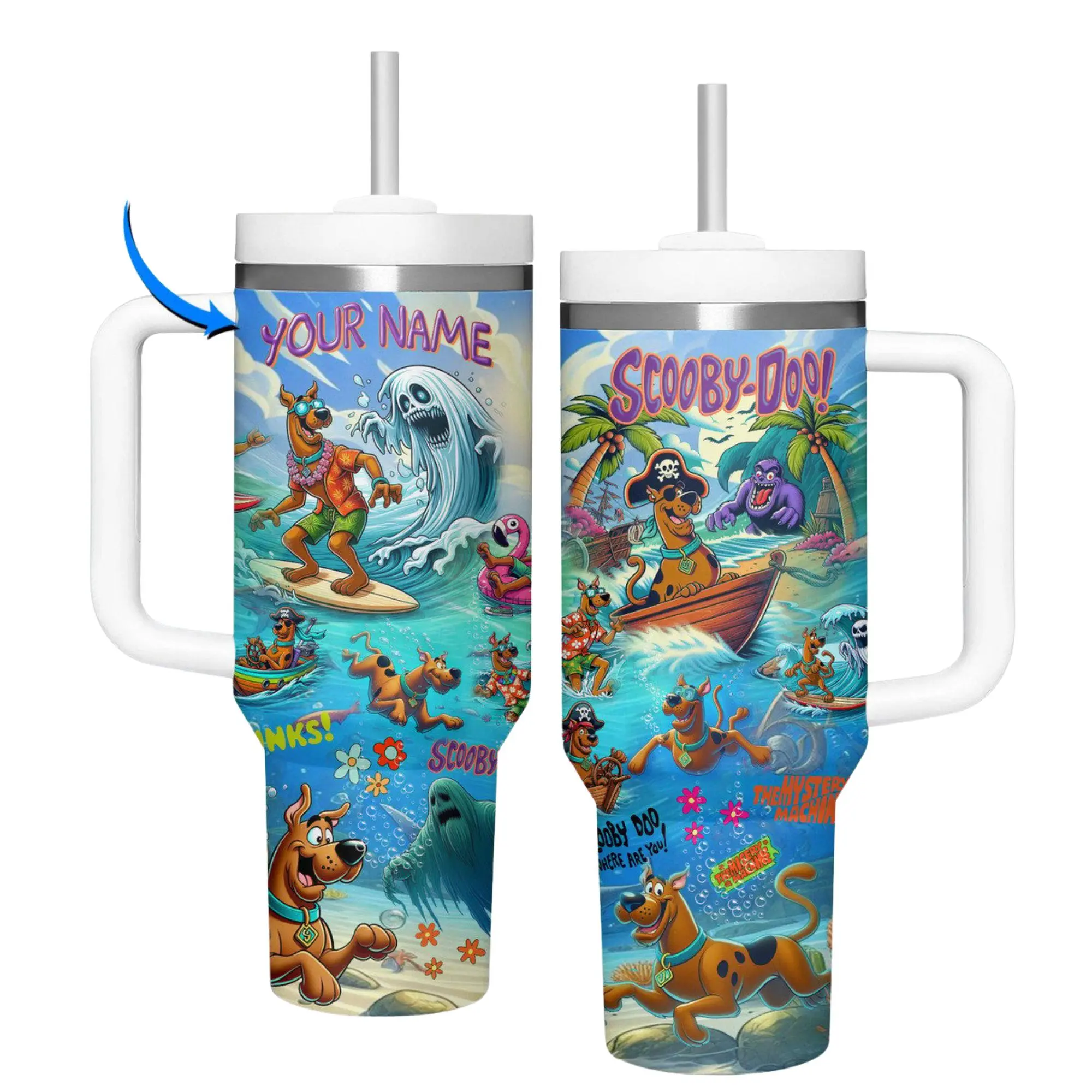 Personalized Custom Name Scooby Doo Ocean Pirate Surf Tumbler 20oz-40oz Stainless Steel, Double Wall Insulated, With Handle & Straw – Funny Gift for Scooby Doo Lovers & Fans