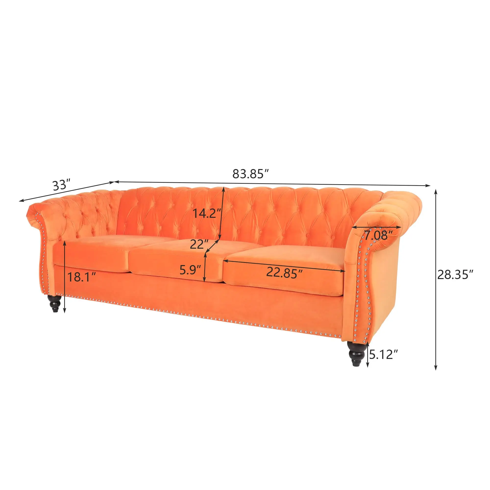 Orange Velvet 3 Seater Tufted Sofa
