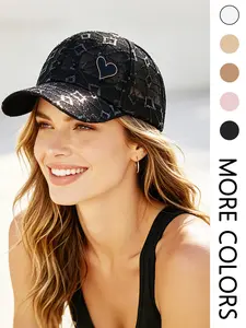 1 PC Men's and Women's Lace Netting Beaded Heart Baseball Cap, A Casual, Lightweight, Breathable, Versatile Outdoor Sun Hat for Daily Outdoor Outfits in Spring and Summer Seasons