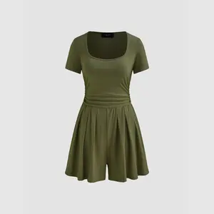 Cider [3 colors, size 2-26] Cotton-blend Square Neck Solid Ruched Pleated Romper