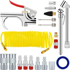 20pcs Air Compressor Accessory Kit, with Recoil Hose, Tire Inflator, Blow Gun, Brass Quick-Connect Fittings and More