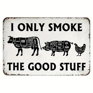 2D Flat, Vintage BBQ Butcher Meat Cutting Chart Metal Wall Art - 8x12 Inch Waterproof & Weatherproof Iron Sign with Pre-Drilled Holes, "I Only Smoke the Good Stuff" Bacon Compass D