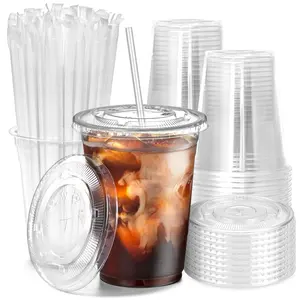 16 oz Plastic Cups with COMBO Lids and Straws - Clear Disposable Drinkware Set