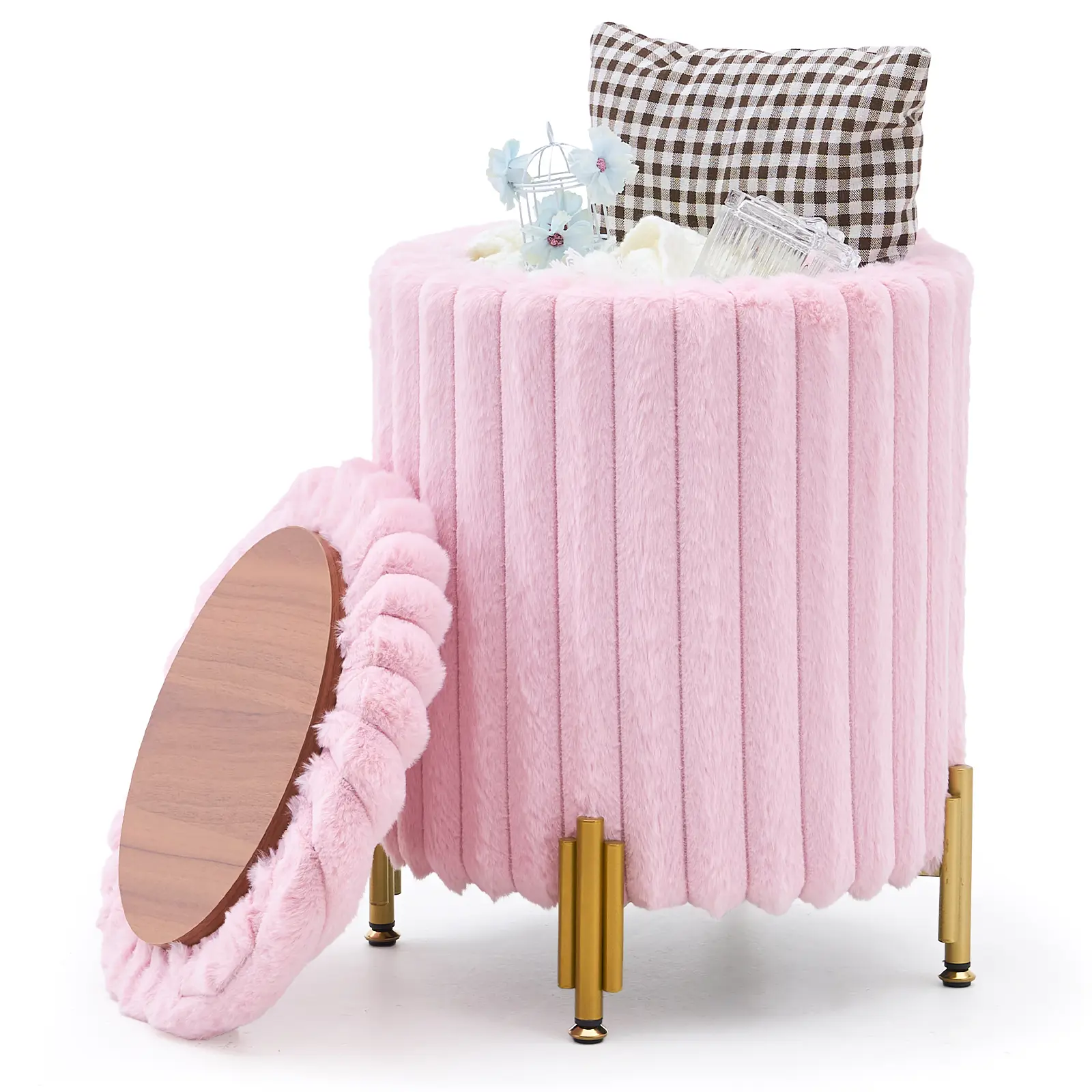 Vanity Faux Fur Round Ottoman Foot Stool with Storage and Metal Legs for Living Room Bedroom, Velvet Upholstered Footrest Stool Support 300lbs Modern Padded Seat Ottoman Coffee Table, Autumn, Winter, Warm