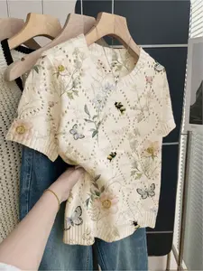 Vacation Boho Style Loose Crew Neck Short Sleeve Knitted Top with Heart Cutout, Contrast Color Butterfly Print, Floral Women's Spring and Summer Knit Top, Women's Summer Outfits