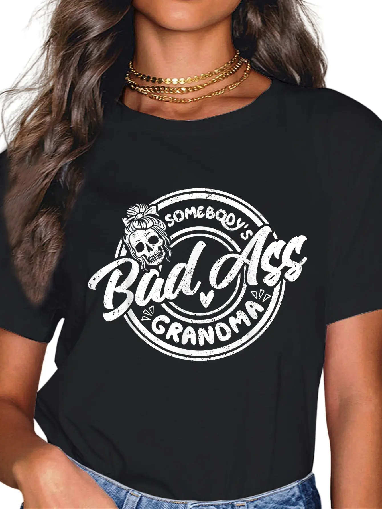 100% Cotton Funny Grandma Messy Bun Skeleton Somebody’s Badass Grandma T-Shirt