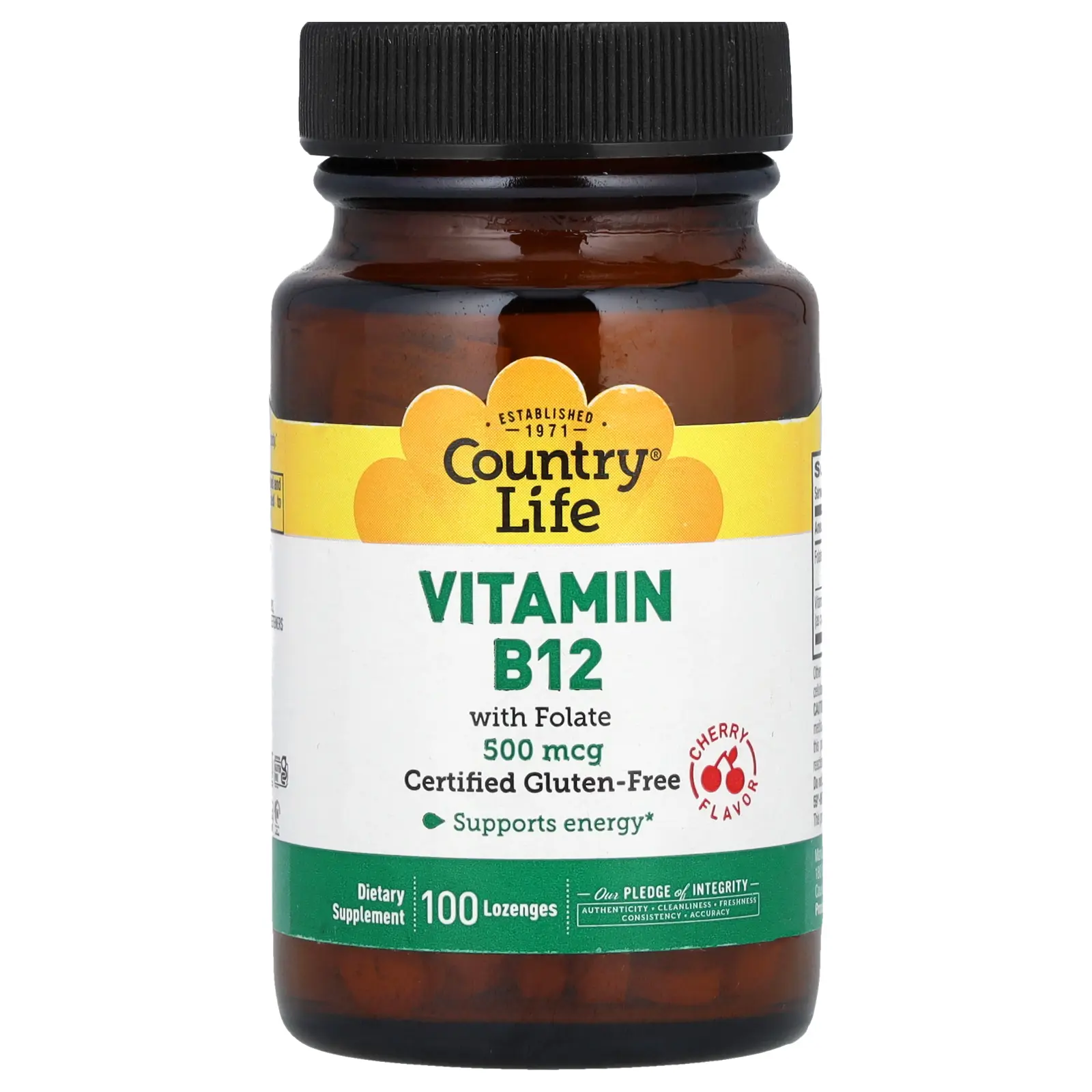 Country Life Vitamin B12 with Folate, Cherry, 100 Lozenges