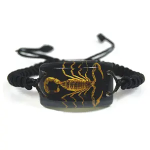 Black Rectangle Shaped Pendant Bracelet with Real Brown Scorpion
