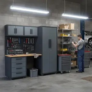 7PC Workshop Set Garage Cabinets and Storage System with Steel Cabinet Drawers, Workbench, Pegboard
