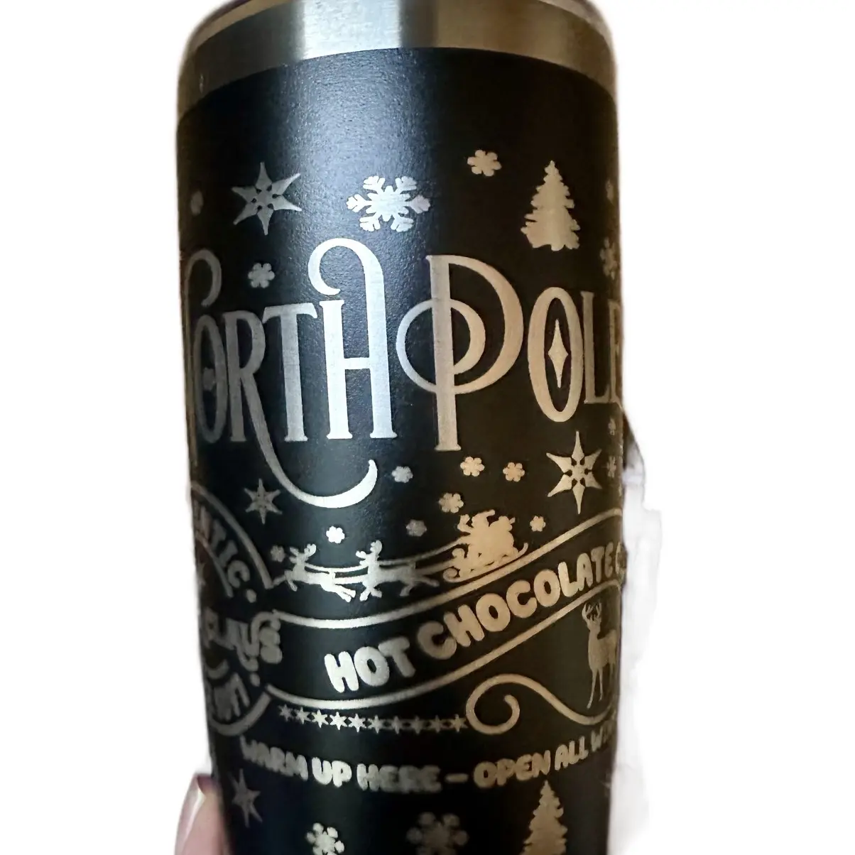 North Pole Hot Chocolate Tumbler engraved Stainless Steel holiday xmas tumbler festive drink