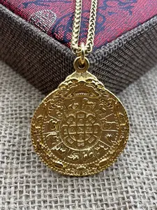 Eastern Nine Palaces Hexagram 24k Plated Round Pendant, Twelve Zodiac Chart Gift for Dad Boyfriend, Solid Dragon Bone Chain, Classic Luxury Trendy