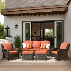 5 PCS Patio Furniture Set with 5 Seats, 2 Ottomans, Comfortable Thick Cushions, Waterproof Outdoor Couch & Chair for Porch and Balcony