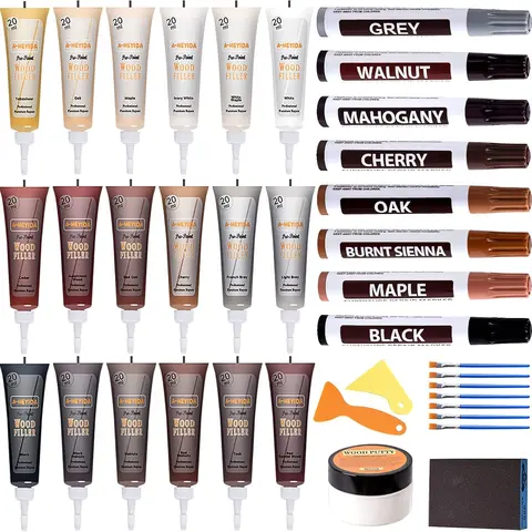 18-Color Wood Filler Floor Repair Kit - Easy-to-Apply Wood Fillers, Scrapers, Brushes, Sandpaper, Furniture Markers, Gloves, Color Chart for Home Improvement Common Styles (Oak, Cherry, Mahogany Repairs)