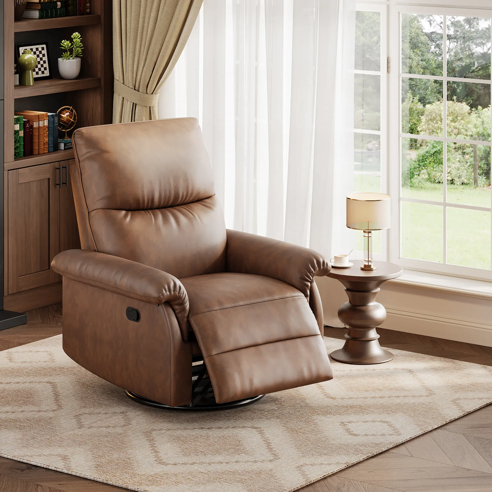 360° Swivel Rocking Recliner Chair, Manual Leather Glider with Lumbar Support & Padded Armrest, Comfortable Nursery Single Sofa for Living Room, Bedroom, Reading Chair, Oversized Reading Chair