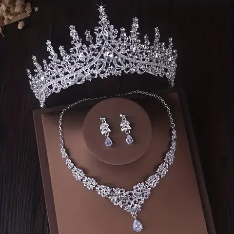Women's Classic Elegant 3-Piece Crown Jewelry Set - Female Costume Headpiece, Matching Necklace & Earrings, Rhinestone Styling Accessory for Wedding