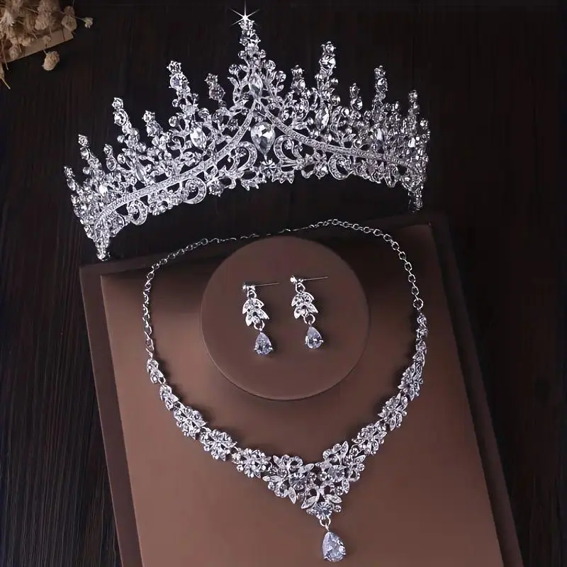 Classic Rhinestone Matching Jewelry Set for Women, 3-Pieces Costume Accessories with Crown and Necklace for a Bling Effect, Crown Jewelry Set