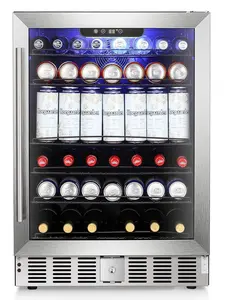 XBEAUTY 24-Inch Stainless Steel Bar Fridge - 5.1 Cu.Ft Modern Refrigerator, 166-Can Capacity, LED Lighting, Safety Lock for Home Bar, Office