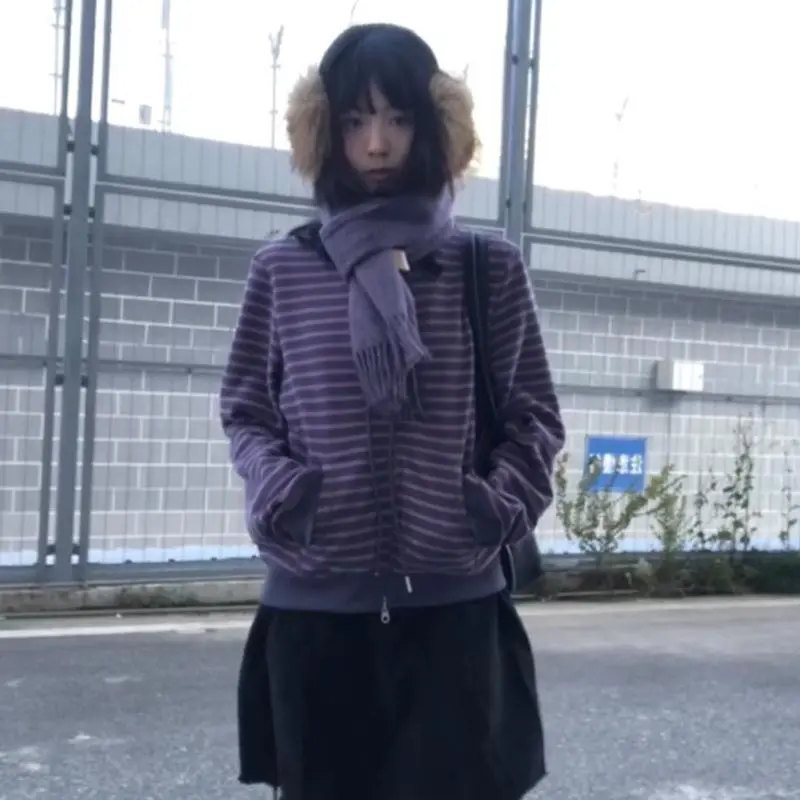 Karrram Japanese Purple Striped Cardigan 2000s Style Turtleneck Knitted Jacket Vintage Harajuku Zipper Knitwear Korean 90s