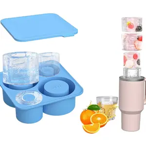 4-Piece Silicone Hollow Cylinder Tumbler Ice Mold with Lid for Freezing Juice, Whiskey, and Cocktails, Compatible with 20-40 oz Tumblers - Blue Cube Kitchen Circle Utensils