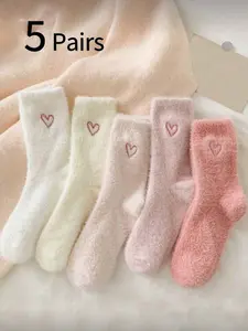 Women's Fuzzy Warm Mid-Calf Socks, Thick Comfortable Heart Pattern, Soft Colors, Hand Washable, Durable Winter Wear, Cozy Socks