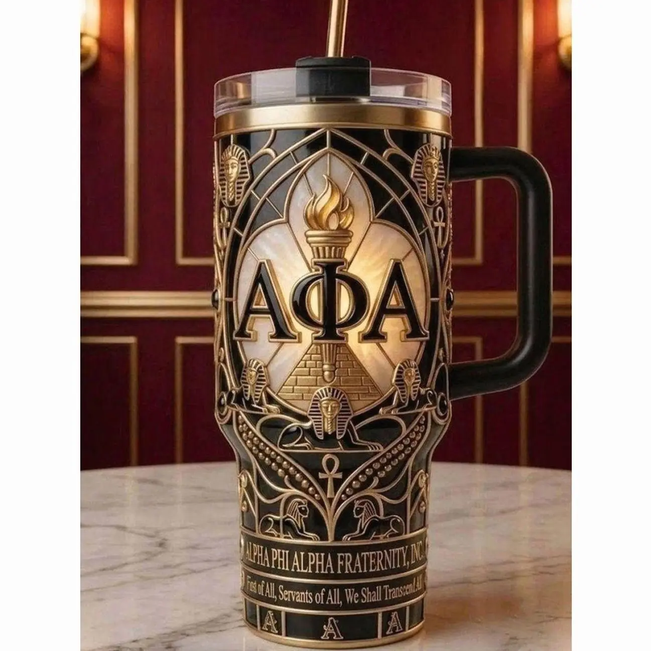Alpha Phi Alpha 40oz Tumbler with Handle | Custom AFA Fraternity Gifts | Premium Black & Gold Insulated Travel Mug with Straw