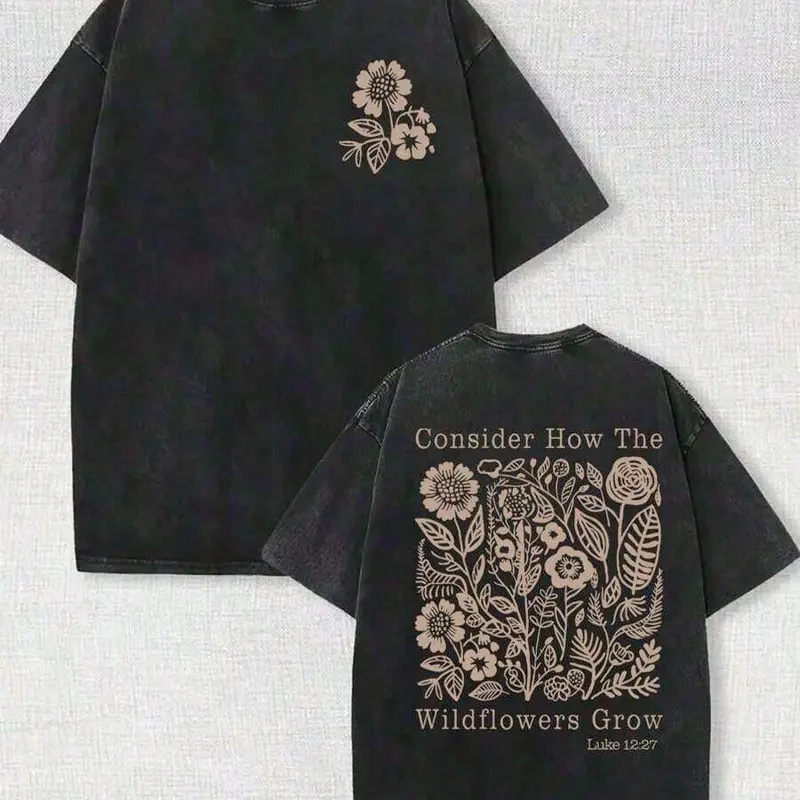 Women's Washed Cotton Oversized Chic Christian Graphic Tee - Crew Neck, 'Wildflowers' Luke 12:27 Print, Light Cargo Workwear Sleeves, Casual Party Top, Boho Clothes, Shirts for Women