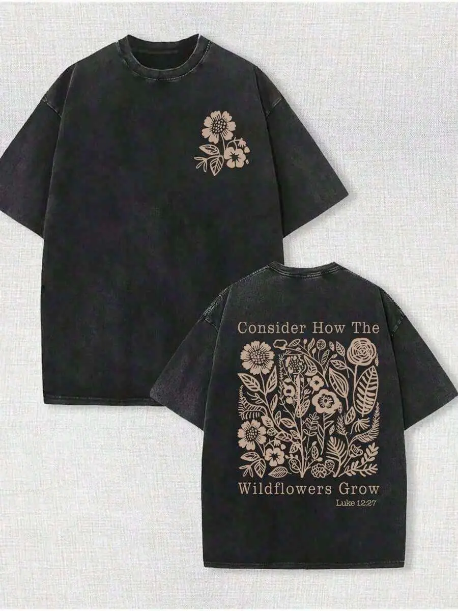 Women's Oversized Christian Graphic Tee, Vintage Boho 'Wildflowers' Luke 12:27 T-Shirt, Washed Cotton Casual Crewneck Top, Graphic Tees Women, Oversized Tshirt Women
