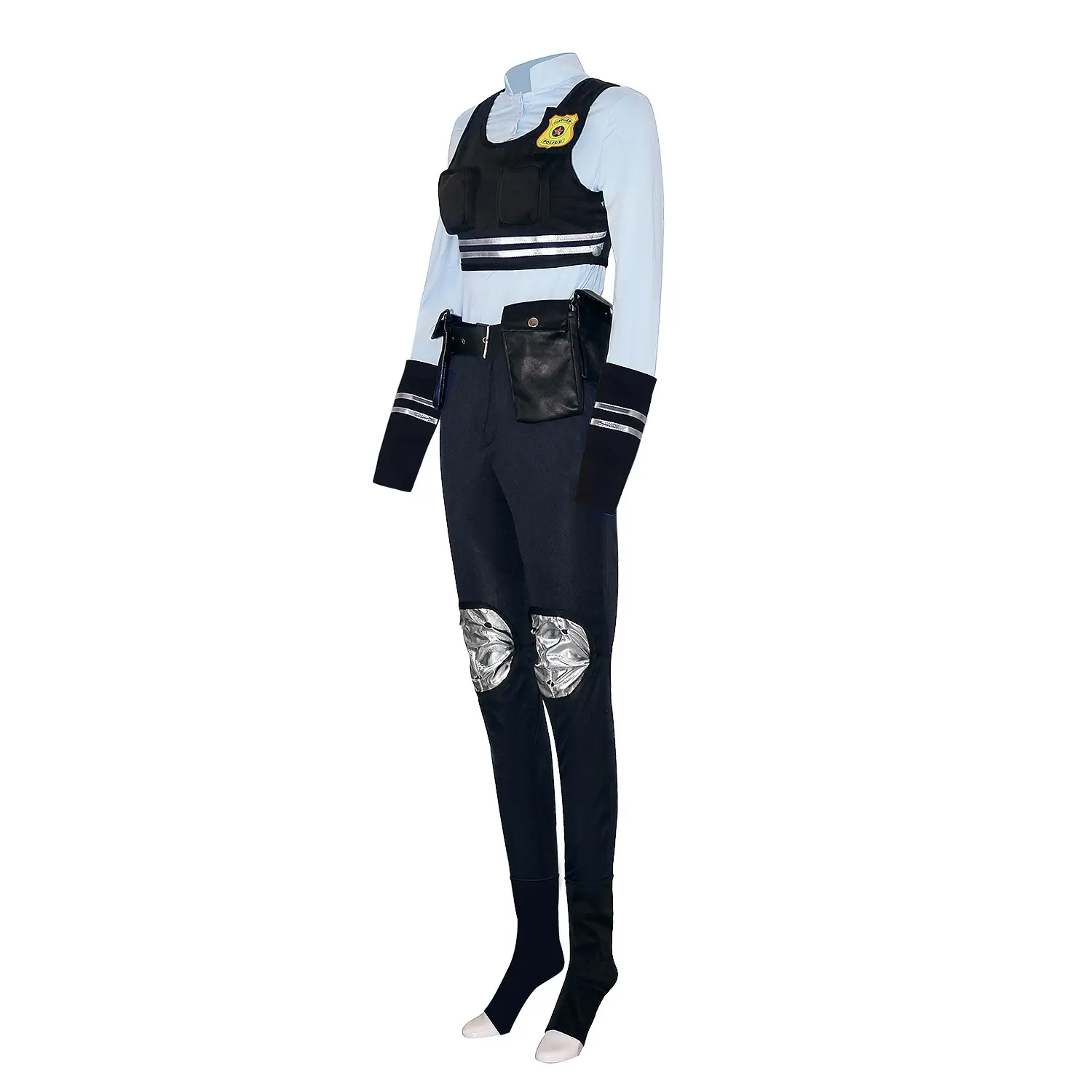 Unisex Officer Bunny Cosplay Costume, Stretchy Faux Fur Bodysuit for Halloween with Zipper and Matching Blue Accessories, Uniform, Breathable