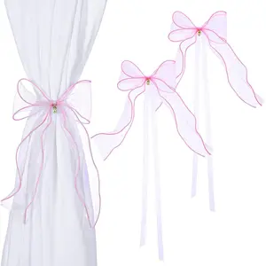 2 Pcs Pink Bow Curtain Tiebacks,Bowknot Curtain Tiebacks with Pearl French Silky Bow Curtains Tieback for Home Bedroom Offices Dining Rooms Wedding Party Decoration