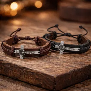 St Benedict Crucifix Leather Bracelet – Catholic Men’s Cross Bracelet, Adjustable Christian Protection Jewelry, Spiritual Protection