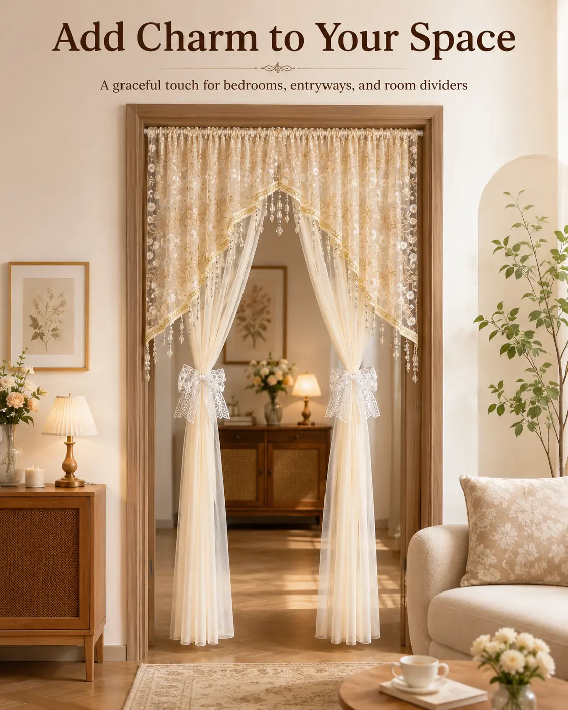 Luxurious lace door curtains suitable for doors 59–94 inches wide; sheer room dividers with crystal bead embroidery; elegant bedroom entryway closet curtain decorations; suitable for decorating bedrooms, kitchens, entryways, and more