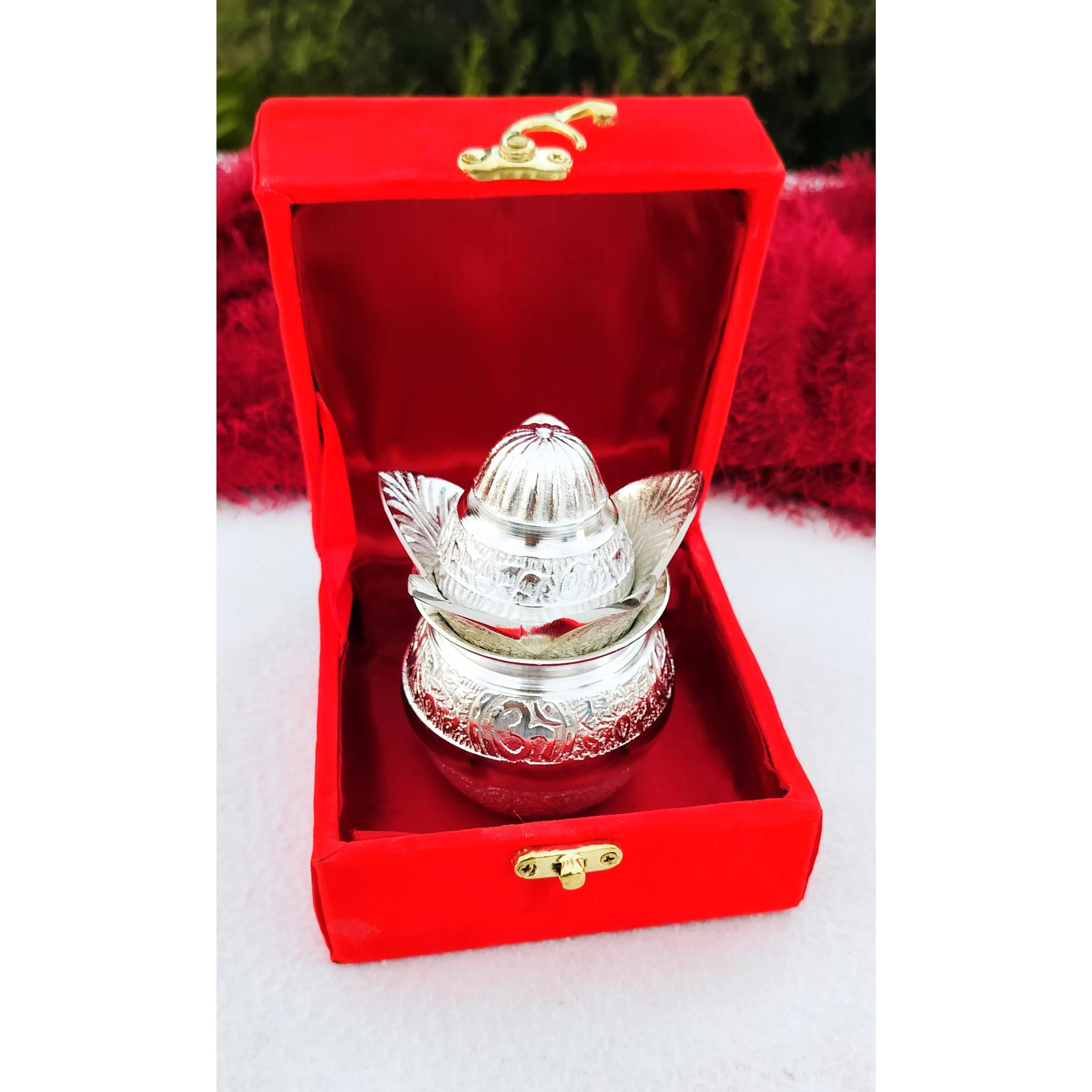 German Silver Mangal Kalash for Puja Or Housewarming Gift In Potli Bag