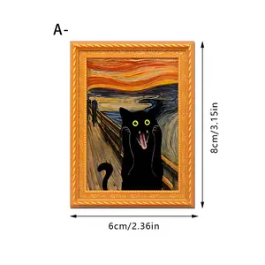 New Black Cat Series Oil Painting Style Screaming Kitten Magnetic Photo Frame Wooden Retro Fridge Magnet Decor Art