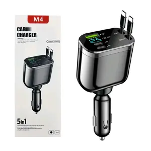 5 in 1 fast Car Charger PD Fast Charging   L+ C Retractable Cable Foldable Car Power Adapter 2 PD Ports and USB Interface Super Fast Charging for iPhone Samsung Android Power Bank Car Accessories Road Trip charger.car charger for iPhone and Android phone