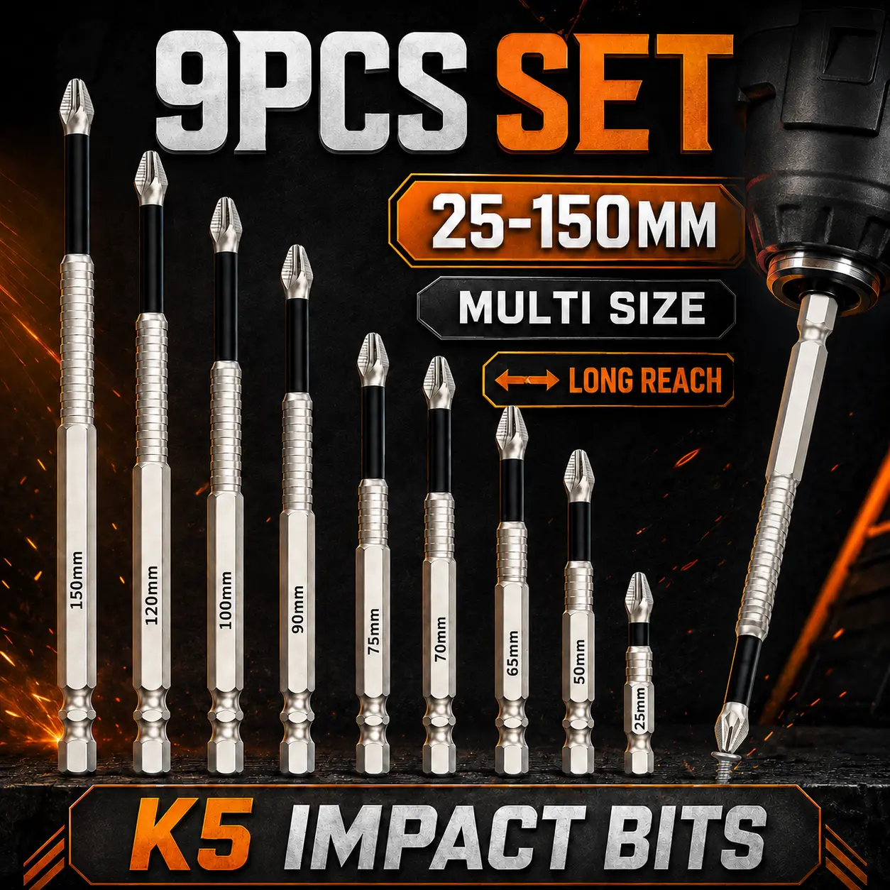 6/9PCS Magnetic Impact Driver Bit Set, S2 Steel Phillips Screwdriver Bits 25mm-150mm, 1/4 Inch Hex Shank Anti-Slip Power Bits for Drill and Electric Screwdriver Strong