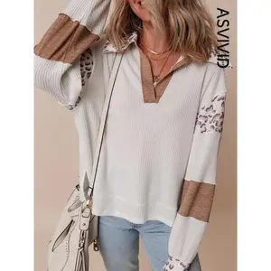 Women's Leopard Patchwork Print Drop Shoulder Sweatshirt, Casual Long Sleeve   Sweatshirt for Spring & Fall, Fashion Women's Top for Daily Wear