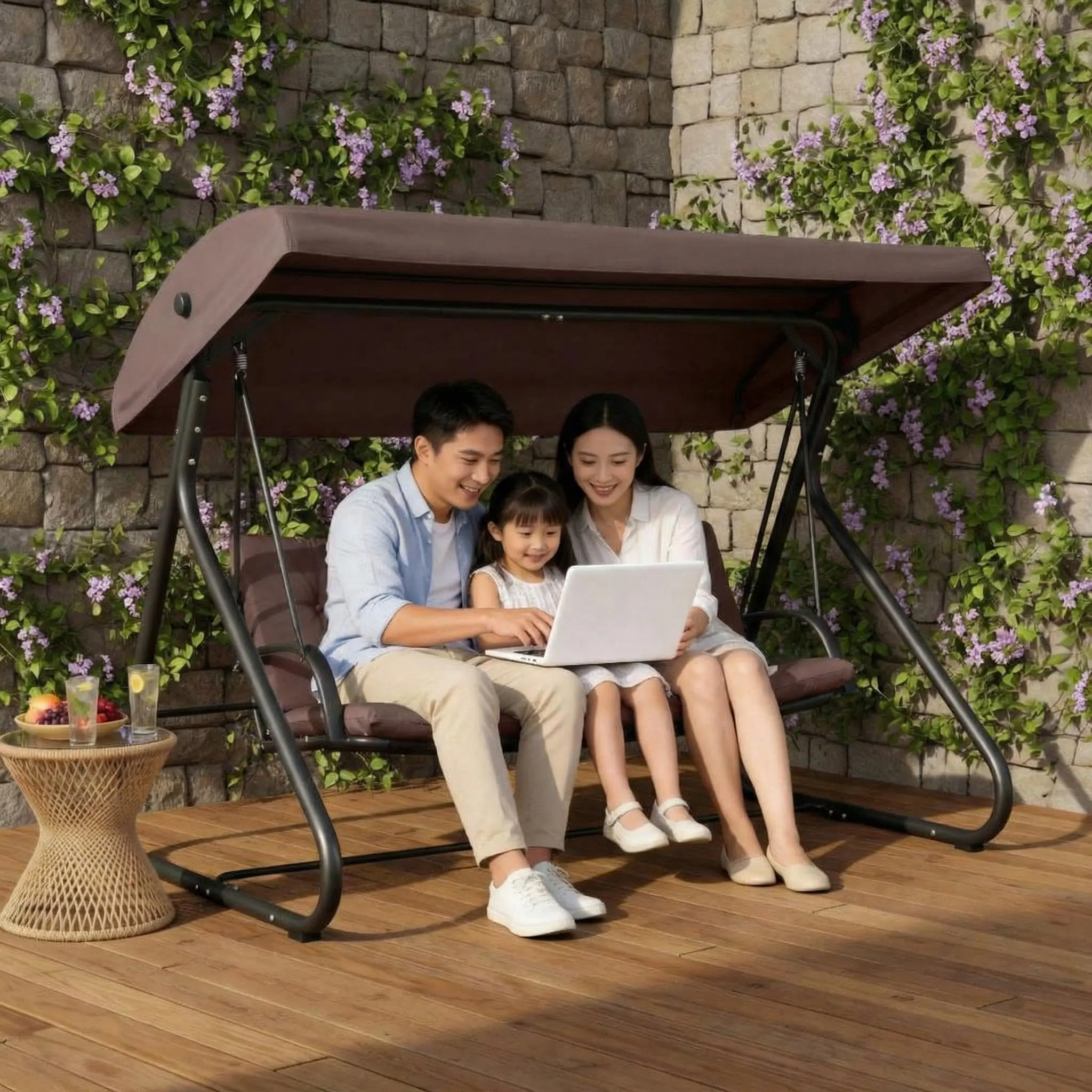 3-Seat Outdoor Convertible Swing Glider with Adjustable Canopy, Heavy-Duty Steel Frame, Breathable Cushions & Armrests, Weatherproof for Garden/Backyard/Deck/Poolside