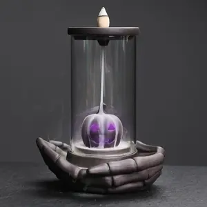 Pumpkin Incense Burner Holder Backflow Waterfall Cone Incense Holder LED Ceramic Unique Claw Incense Burner with 15 Incense Cones for Halloween Aromatherapy Yoga Home Room Office Deco