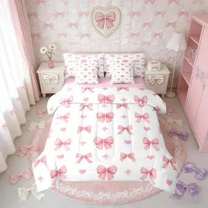 Dreamy Coquette Bow Bedding Set,7 Piece Fantasy Girly Bowknot Bed Bag with Sheets,Pink Butterfly Knot Comforter Bed Set,Girls Women,Preppy Princess Bed Set